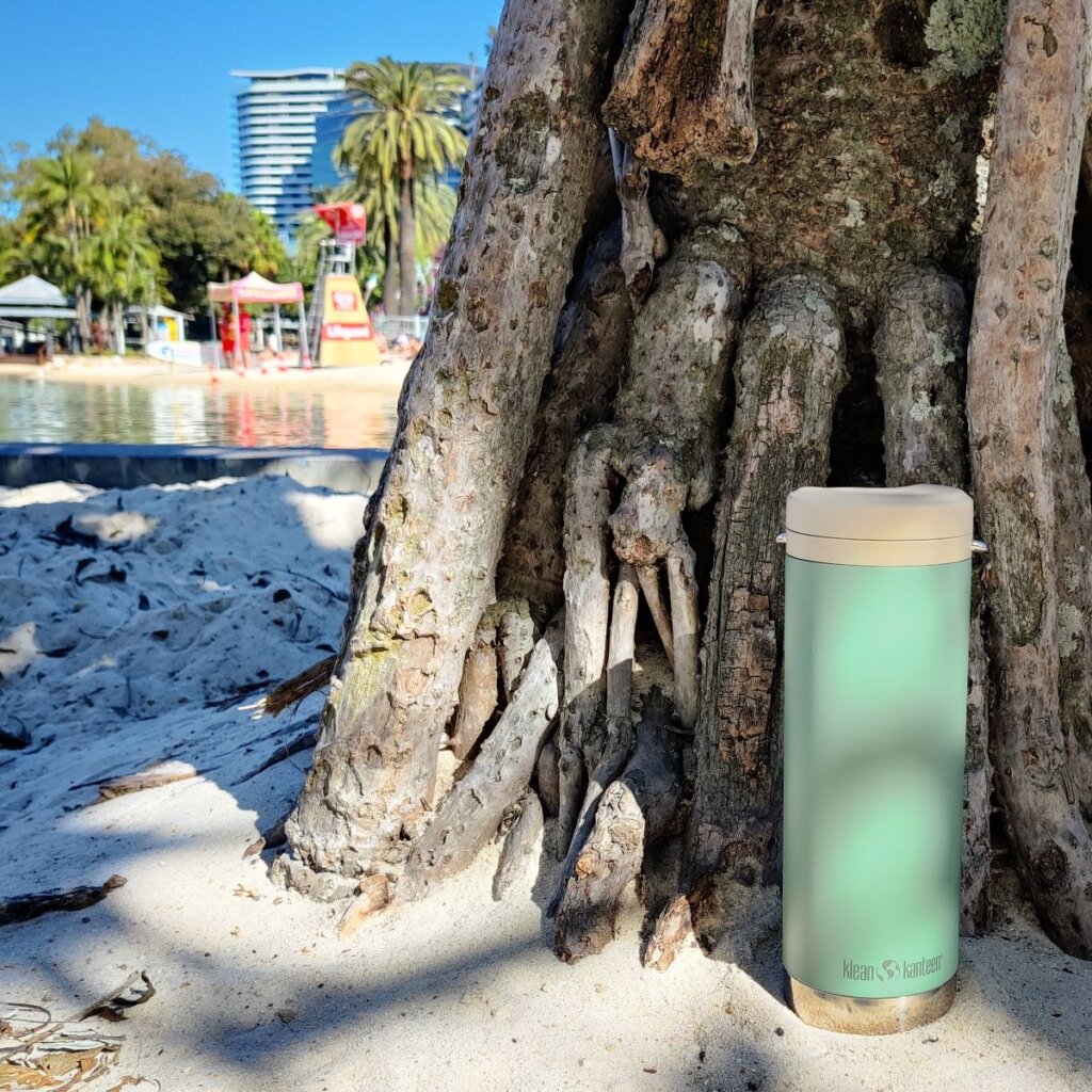 A Klean Kanteen reusable bottle by a tree on the beach