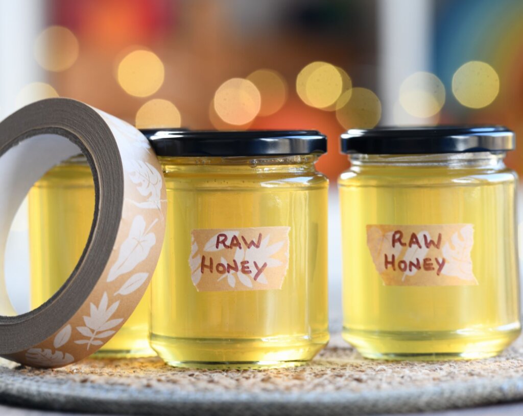 Labelling honey jars using Babipur Eco Kraft Paper Tape Leaves pattern