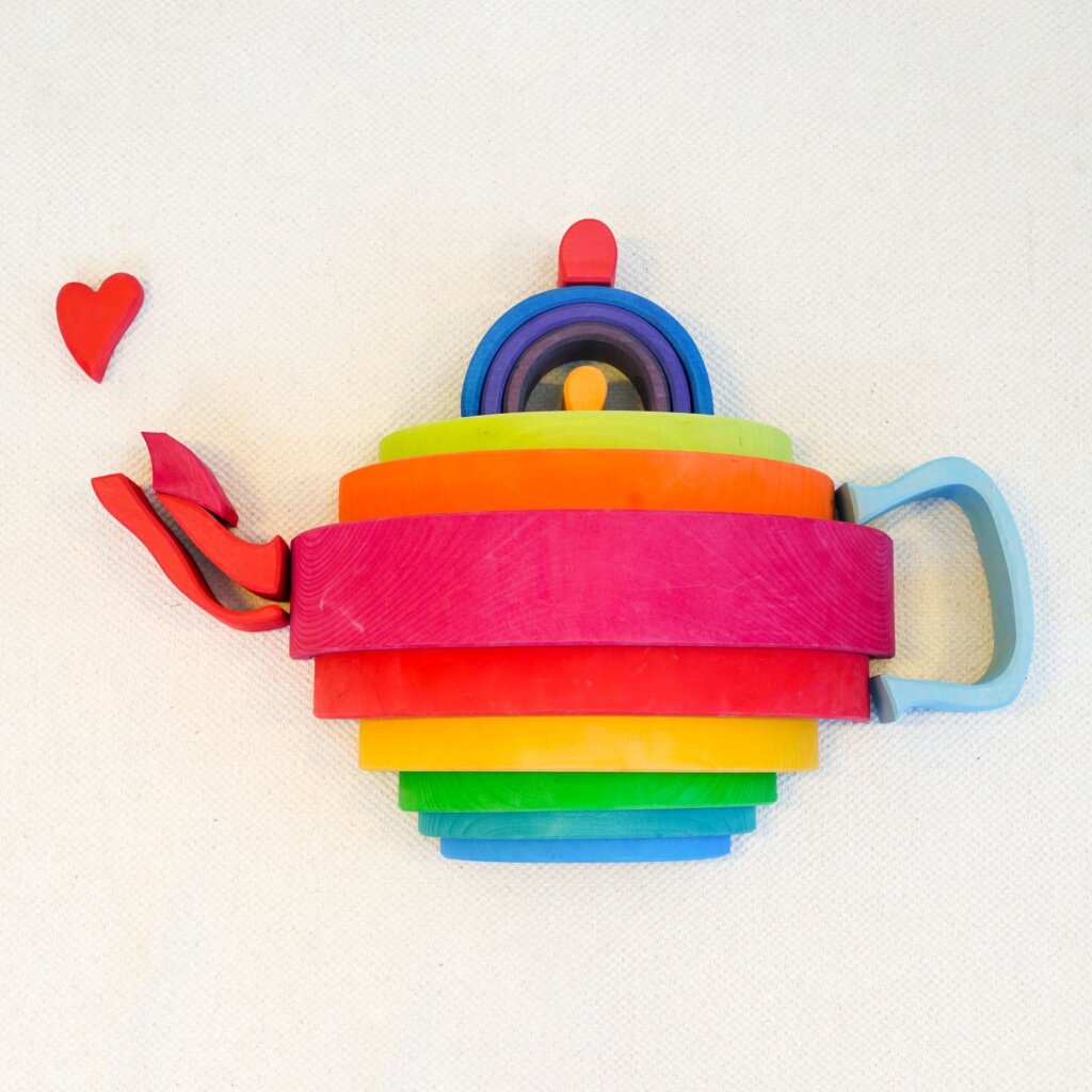 Brew Monday flatlay - a tea pot made from a Grimm' rainbow